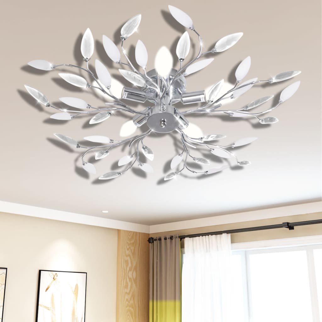 &White Ceiling Lamp Acrylic Crystal Leaf Arms 5 E14 Bulbs