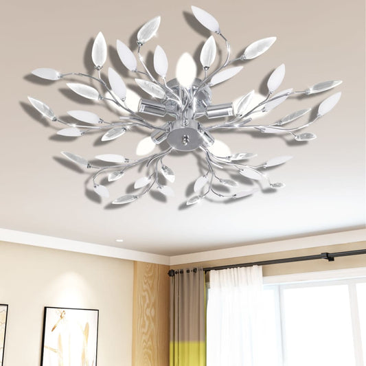 &White Ceiling Lamp Acrylic Crystal Leaf Arms 5 E14 Bulbs