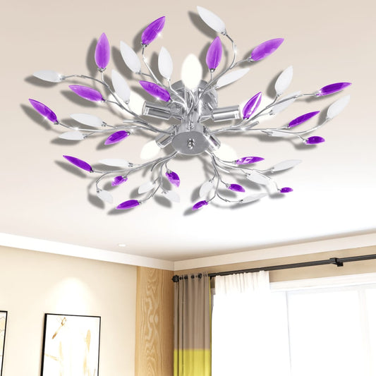 &White Ceiling Lamp Acrylic Crystal Leaf Arms For 5 E14 Bulbs