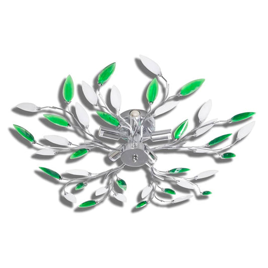&White Ceiling Lamp With Acrylic Crystal Leaf Arms For 5 E14Bulbs