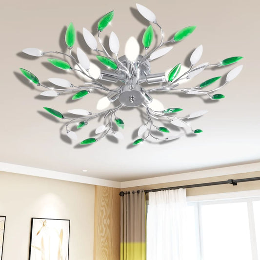 &White Ceiling Lamp With Acrylic Crystal Leaf Arms For 5 E14Bulbs