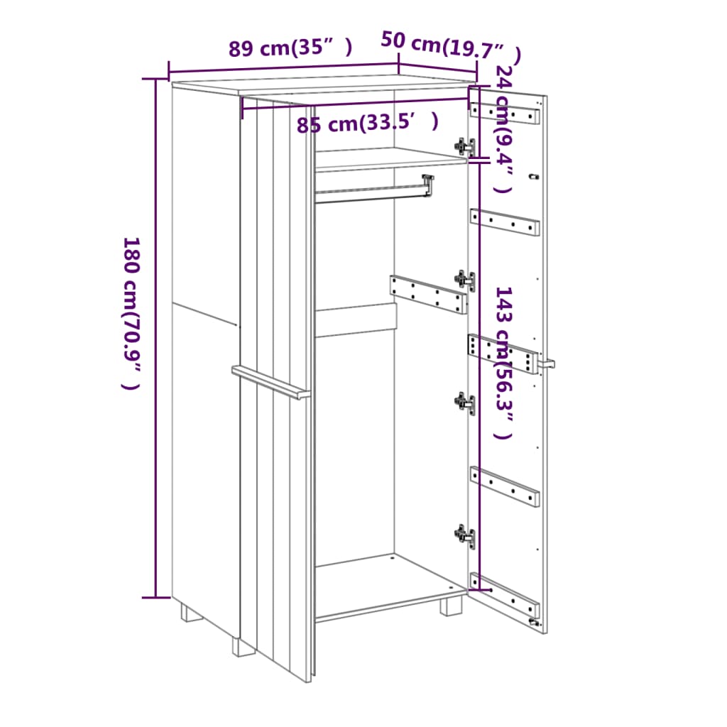 Wardrobe &quot;Hamar&quot; 89X50X180 Cm Solid Wood Pine