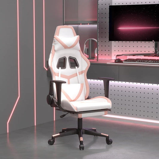 Massage Gaming Chair White&Pink Faux Leather