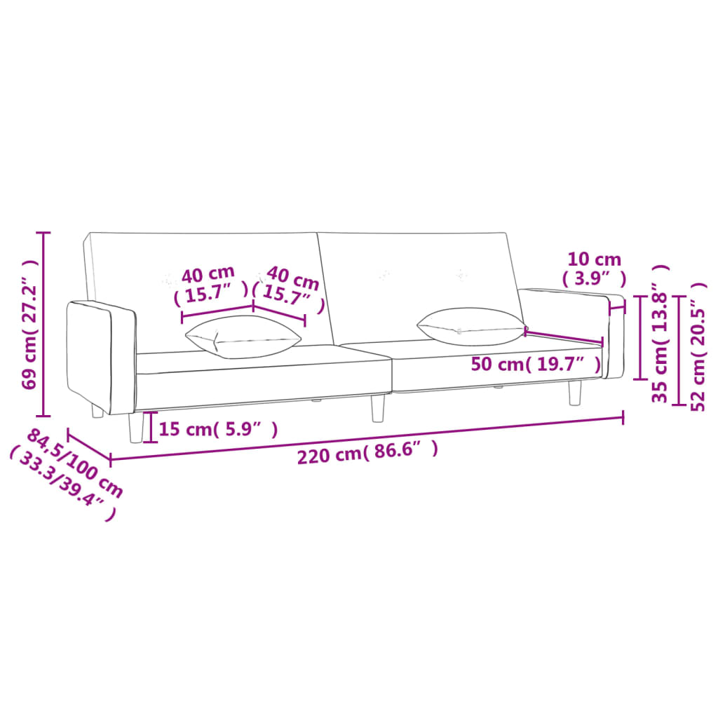 2-Seater Sofa Bed With Two Pillows Fabric