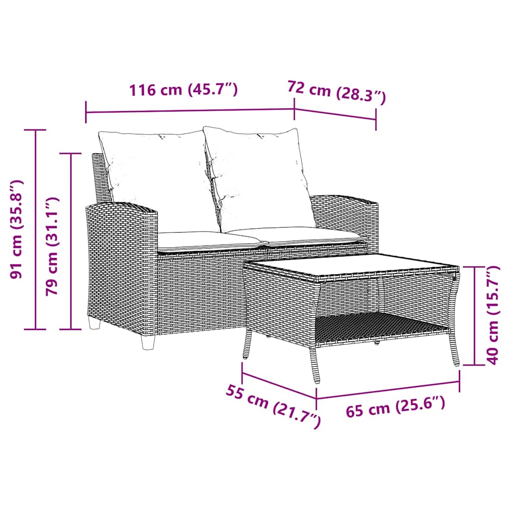 Garden Sofa 2-Seater With Cushions&Table Poly Rattan