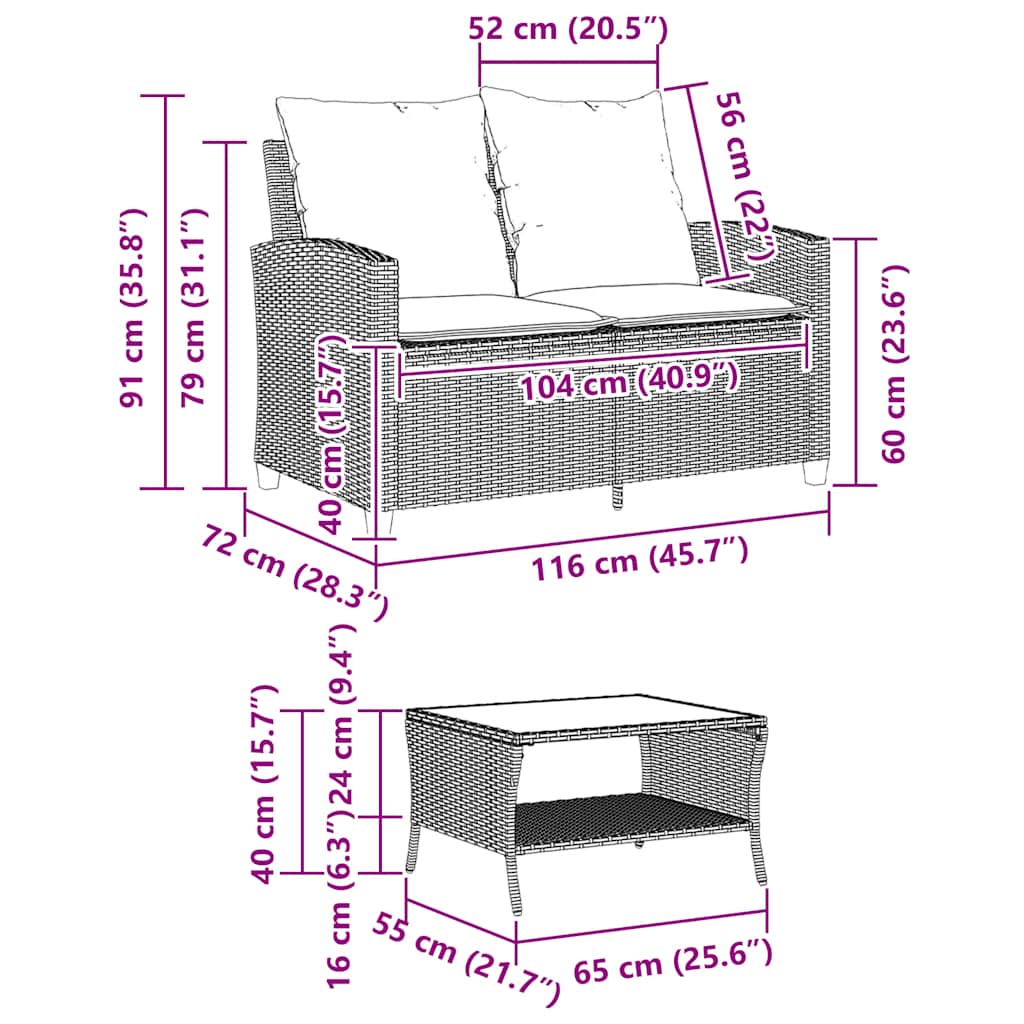 Garden Sofa 2-Seater With Cushions&Table Poly Rattan