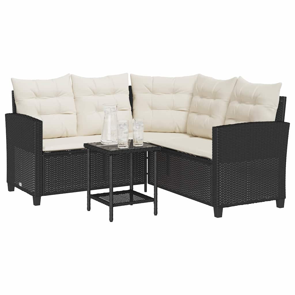 Garden Sofa With Table&Cushions L-Shaped Black Poly Rattan